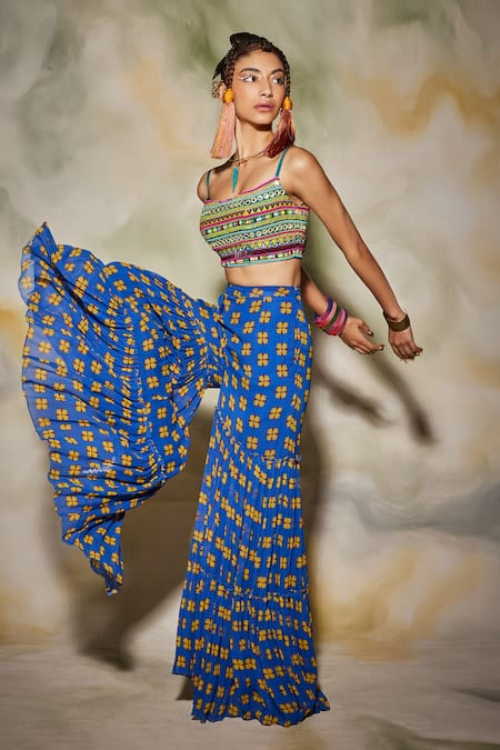 Diyarajvvir_Blue Georgette, Cotton Silk Floral Square Neck Cape And Printed Gharara Set _at_Aza_Fashions