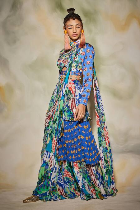 Diyarajvvir_Multi Color Georgette, Modal Aztec, Tribal Square Neck Print Pant Saree Set _Online_at_Aza_Fashions