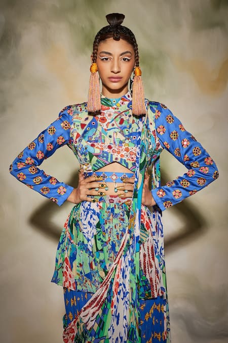 Buy_Diyarajvvir_Multi Color Georgette, Modal Aztec, Tribal Square Neck Print Pant Saree Set _Online_at_Aza_Fashions