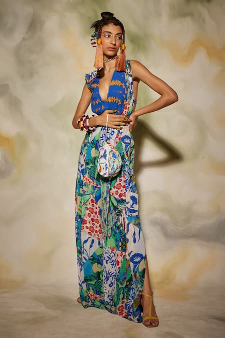 Diyarajvvir_Multi Color Georgette Aztec V Neck Print Jumpsuit _Online_at_Aza_Fashions