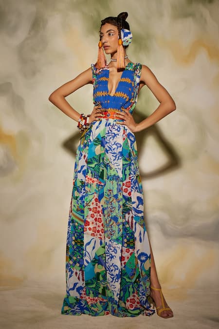 Buy_Diyarajvvir_Multi Color Georgette Aztec V Neck Print Jumpsuit _Online_at_Aza_Fashions