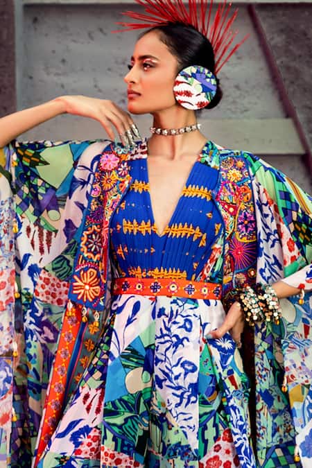 Diyarajvvir_Multi Color Georgette, Cotton Silk Aztec Kaftan Open Printed Jumpsuit With _Online_at_Aza_Fashions