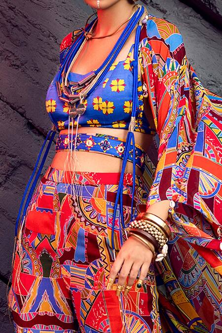 Diyarajvvir_Multi Color Georgette, Modal Geometric Open Print Cape And Pant Set _Online_at_Aza_Fashions