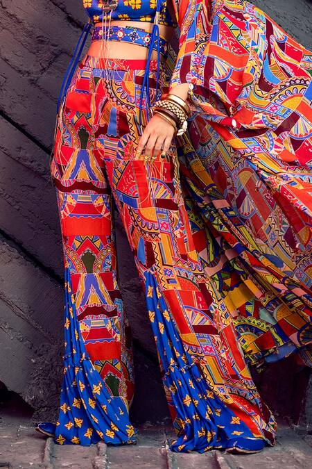 Buy_Diyarajvvir_Multi Color Georgette, Modal Geometric Open Print Cape And Pant Set _Online_at_Aza_Fashions