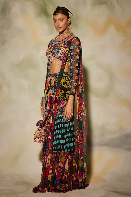 Diyarajvvir_Multi Color Tulle, Georgette, Modal Floral, Aztec Printed Gharara Saree Set _Online_at_Aza_Fashions