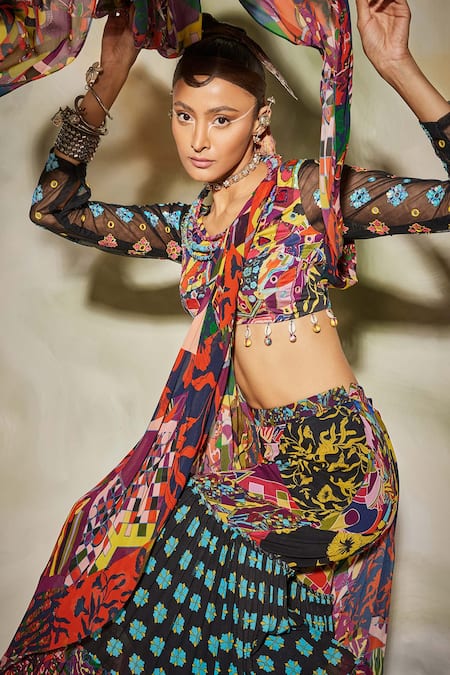 Buy_Diyarajvvir_Multi Color Tulle, Georgette, Modal Floral, Aztec Printed Gharara Saree Set _Online_at_Aza_Fashions