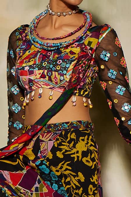 Shop_Diyarajvvir_Multi Color Tulle, Georgette, Modal Floral, Aztec Printed Gharara Saree Set _Online_at_Aza_Fashions