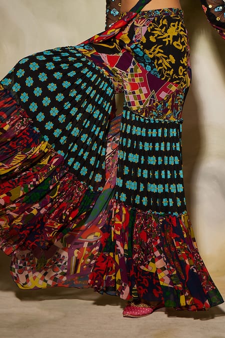 Diyarajvvir_Multi Color Tulle, Georgette, Modal Floral, Aztec Printed Gharara Saree Set _at_Aza_Fashions