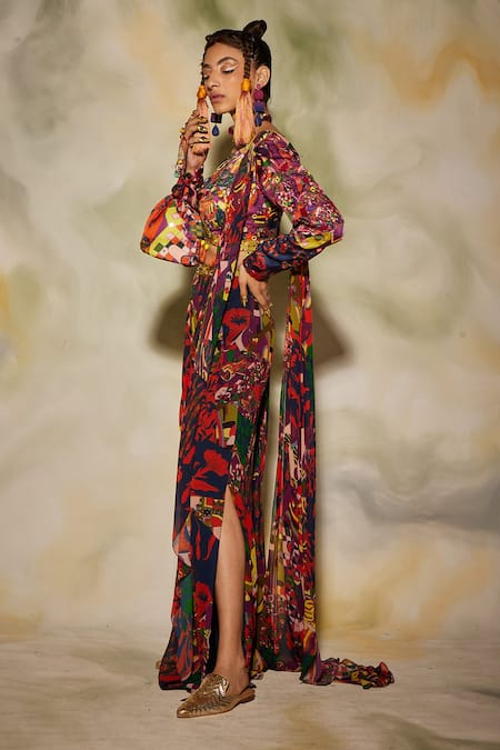 Diyarajvvir_Multi Color Georgette, Modal Aztec Round Print Sharara Saree Set _Online_at_Aza_Fashions