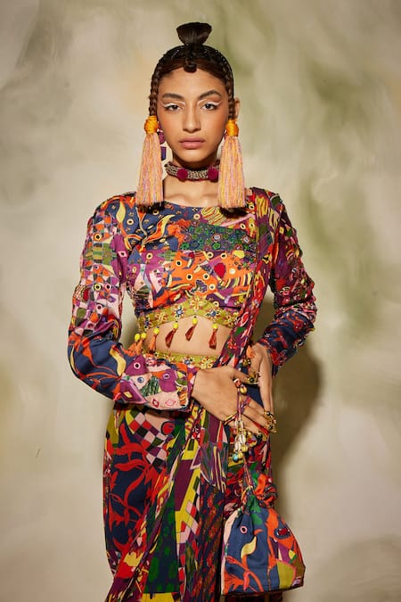 Buy_Diyarajvvir_Multi Color Georgette, Modal Aztec Round Print Sharara Saree Set _Online_at_Aza_Fashions