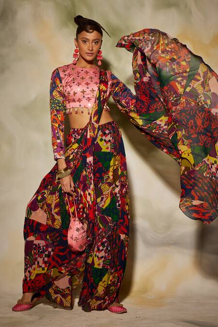 Diyarajvvir Multi Color Georgette, Modal Floral, Aztec Round Print Pleated Pant Saree Set Online at Aza Fashions Diyarajvvir_Multi Color Georgette, Modal Floral, Aztec Round Print Pleated Pant Saree Set _Online_at_Aza_Fashions