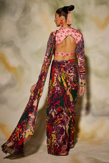 Shop Diyarajvvir Multi Color Georgette, Modal Floral, Aztec Round Print Pleated Pant Saree Set at Aza Fashions Shop_Diyarajvvir_Multi Color Georgette, Modal Floral, Aztec Round Print Pleated Pant Saree Set _at_Aza_Fashions