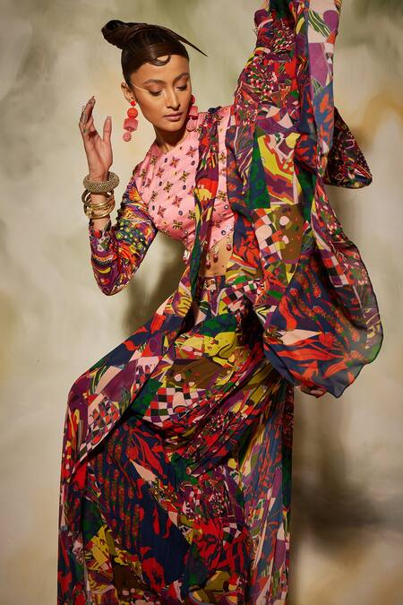 Buy Diyarajvvir Multi Color Georgette, Modal Floral, Aztec Round Print Pleated Pant Saree Set Online at Aza Fashions Buy_Diyarajvvir_Multi Color Georgette, Modal Floral, Aztec Round Print Pleated Pant Saree Set _Online_at_Aza_Fashions