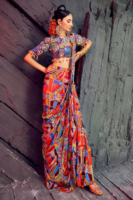 DiyaRajvvir Geometric Print Gharara Saree Set 