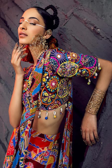 Shop_Diyarajvvir_Multi Color Georgette, Cotton Silk Geometric Round Print Gharara Saree Set _at_Aza_Fashions