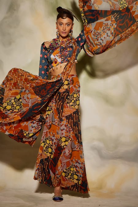 Diyarajvvir_Multi Color Georgette, Modal Aztec Round Printed Sharara Saree Set _Online_at_Aza_Fashions