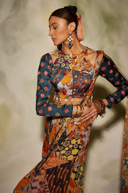 Buy_Diyarajvvir_Multi Color Georgette, Modal Aztec Round Printed Sharara Saree Set _Online_at_Aza_Fashions