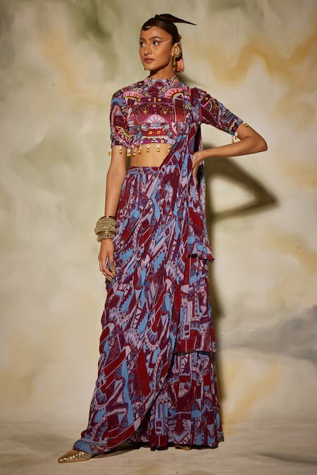 DiyaRajvvir Multi Color Modal Printed Geometric High Neck Layered Skirt Saree Set 