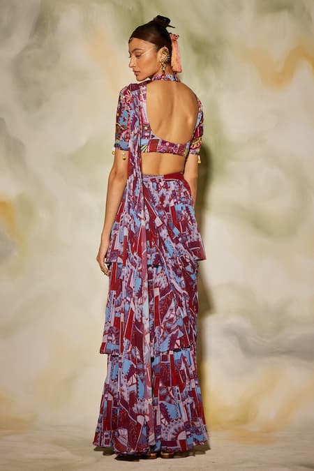 Shop Diyarajvvir Multi Color Georgette, Modal Geometric High Neck Print Layered Skirt Saree Set at Aza Fashions Shop_Diyarajvvir_Multi Color Georgette, Modal Geometric High Neck Print Layered Skirt Saree Set _at_Aza_Fashions