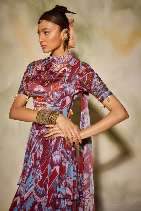 Diyarajvvir Multi Color Georgette, Modal Geometric High Neck Print Layered Skirt Saree Set Online at Aza Fashions Diyarajvvir_Multi Color Georgette, Modal Geometric High Neck Print Layered Skirt Saree Set _Online_at_Aza_Fashions