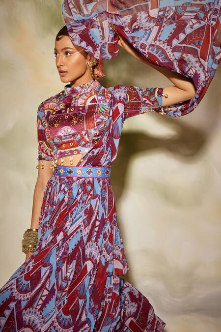 Buy Diyarajvvir Multi Color Georgette, Modal Geometric High Neck Print Layered Skirt Saree Set Online at Aza Fashions Buy_Diyarajvvir_Multi Color Georgette, Modal Geometric High Neck Print Layered Skirt Saree Set _Online_at_Aza_Fashions