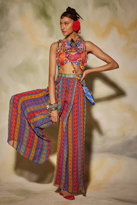 Diyarajvvir_Multi Color Georgette, Modal Geometric, Striped Round Print Jumpsuit_Online_at_Aza_Fashions