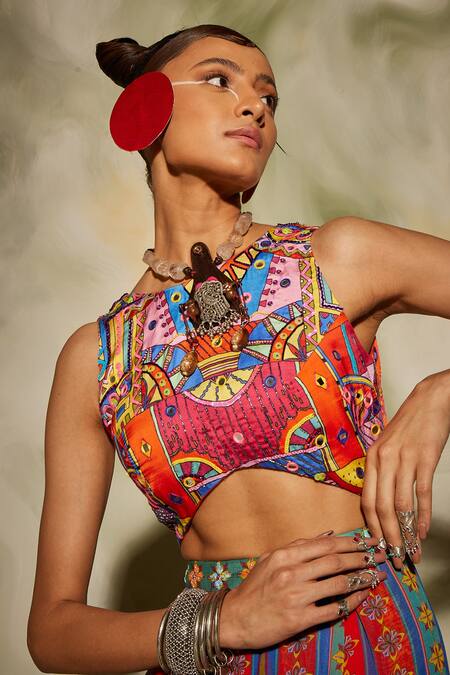 Buy_Diyarajvvir_Multi Color Georgette, Modal Geometric, Striped Round Print Jumpsuit_Online_at_Aza_Fashions