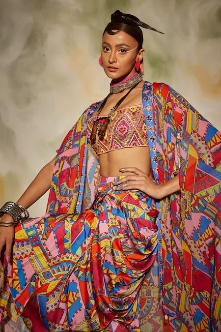 Diyarajvvir_Multi Color Georgette, Cotton Silk, Modal Geometric Printed And Dhoti Skirt Sets _Online_at_Aza_Fashions