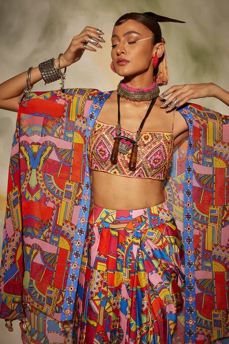 Buy_Diyarajvvir_Multi Color Georgette, Cotton Silk, Modal Geometric Printed And Dhoti Skirt Sets _Online_at_Aza_Fashions