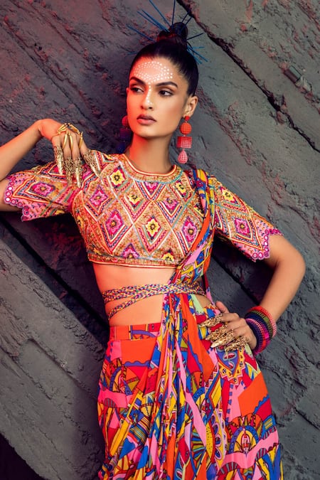 Shop_Diyarajvvir_Multi Color Georgette, Cotton Silk Geometric Round Print Sharara Saree Set _at_Aza_Fashions