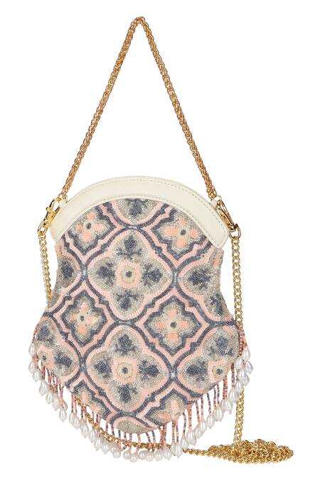 The Leather Garden_Pink Embroidery, Beads Water Lily Embellished Potli Bag With Sling _Online_at_Aza_Fashions