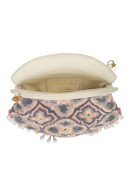 Shop_The Leather Garden_Pink Embroidery, Beads Water Lily Embellished Potli Bag With Sling _Online_at_Aza_Fashions