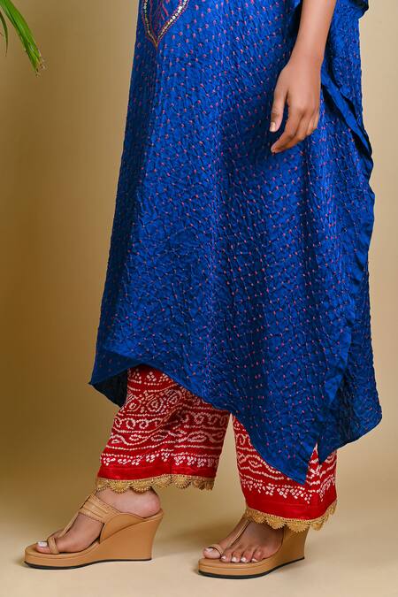 Shop_Dyelogue_Blue Gajji Silk V Neck Bandhani Asymmetric Kurta _Online_at_Aza_Fashions