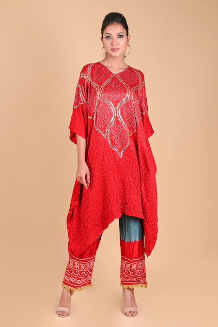 Dyelogue Red Gajji Silk V Neck Bandhani Asymmetric Kurta 