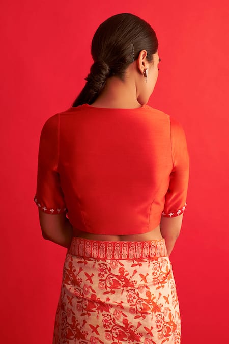 Shop_Saksham & Neharicka_Red Handwoven Chanderi V Neck Blouse _at_Aza_Fashions