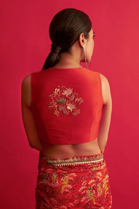 Shop Saksham & Neharicka Red Handwoven Chanderi V Neck Blouse at Aza Fashions Shop_Saksham & Neharicka_Red Handwoven Chanderi V Neck Blouse _at_Aza_Fashions