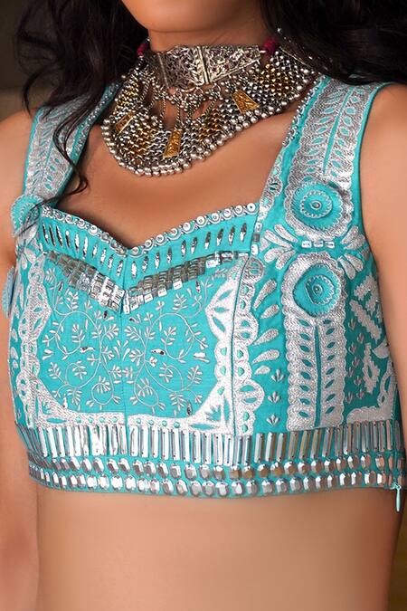 Saksham & Neharicka_Blue Handwoven Chanderi V Neck Embroidered Blouse_Online_at_Aza_Fashions