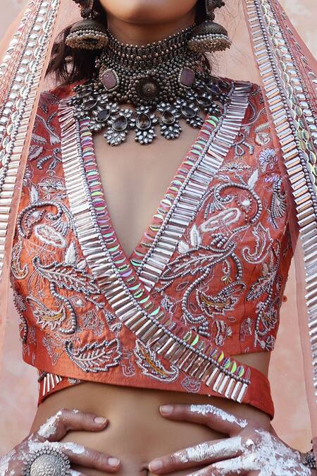 Saksham & Neharicka_Peach Raw Silk V Neck Patchwork Embroidered Blouse_Online_at_Aza_Fashions