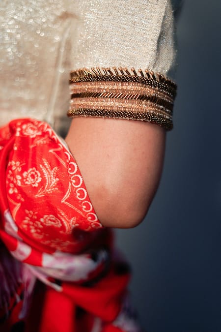 Saksham & Neharicka Beige Linen Silk Lurex Floral Round Embroidered Blouse Online at Aza Fashions Saksham & Neharicka_Beige Linen Silk Lurex Floral Round Embroidered Blouse_Online_at_Aza_Fashions