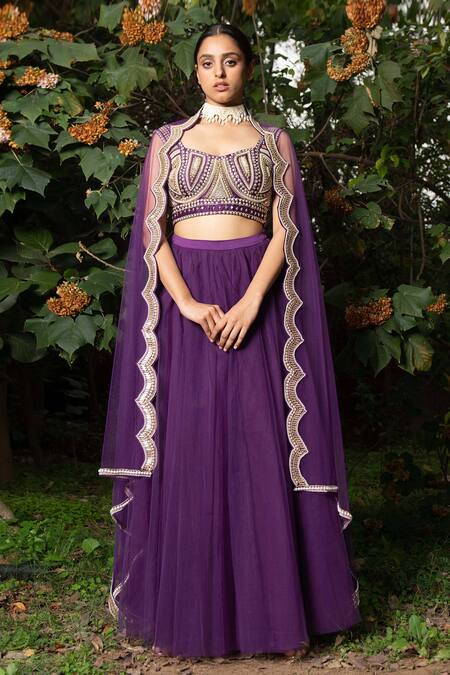 Shop_Saksham & Neharicka_Purple Chanderi Sequin, Pearl And Bead Sweetheart Neck Embroidered Blouse_Online_at_Aza_Fashions