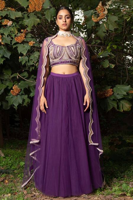 Saksham & Neharicka_Purple Chanderi Sequin, Pearl And Bead Sweetheart Neck Embroidered Blouse_Online_at_Aza_Fashions