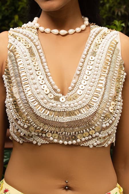 Saksham & Neharicka Gold Net Sequin, Pearl And Bead V Neck Embroidered Blouse Online at Aza Fashions Saksham & Neharicka_Gold Net Sequin, Pearl And Bead V Neck Embroidered Blouse _Online_at_Aza_Fashions