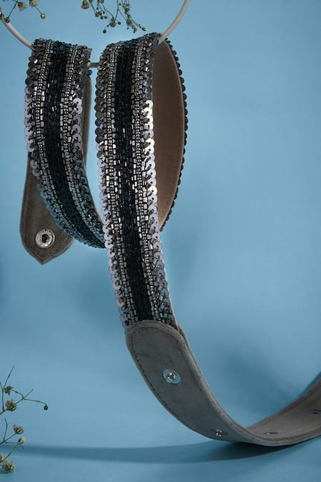 House Of D"Oro_Black Cut Work, Sequins Embroidered Belt_Online_at_Aza_Fashions