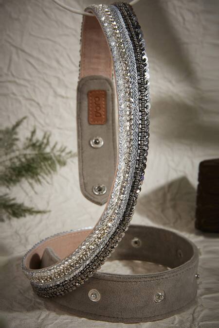 House Of D"Oro_Grey Cut Work, Sequins, Beads Hand Embroidered Waist Belt_Online_at_Aza_Fashions