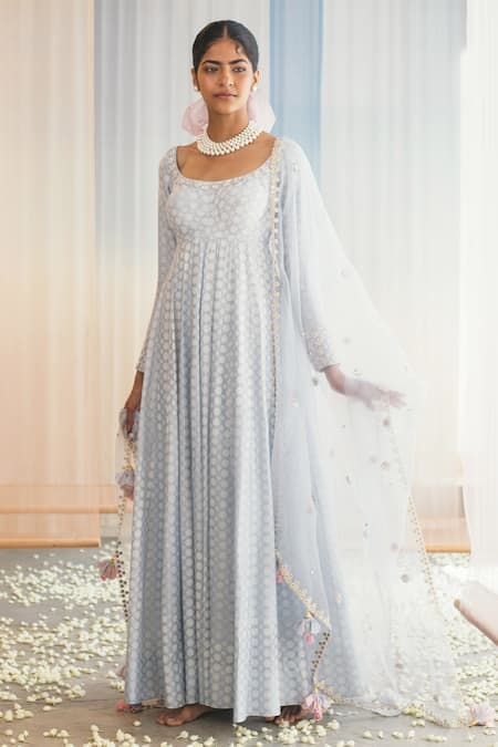 Madzin Blue Silk Blend Lining Shantoon Scoop Neck Printed Anarkali Set 