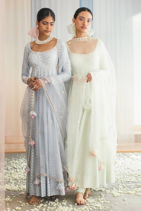 Madzin Blue Silk Blend Lining Shantoon Scoop Neck Printed Anarkali Set Online at Aza Fashions Madzin_Blue Silk Blend Lining Shantoon Scoop Neck Printed Anarkali Set _Online_at_Aza_Fashions