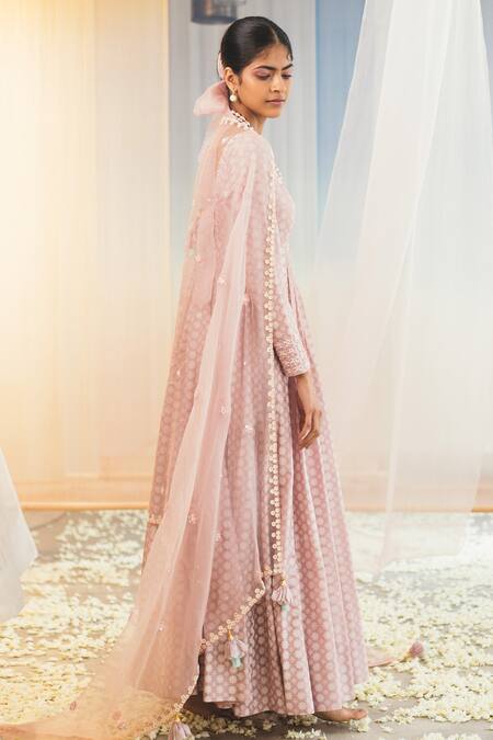 Madzin Purple Silk Blend Lining Shantoon Scoop Neck Printed Anarkali Set Online at Aza Fashions Madzin_Purple Silk Blend Lining Shantoon Scoop Neck Printed Anarkali Set _Online_at_Aza_Fashions