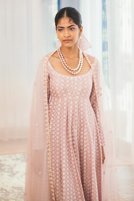 Madzin Purple Silk Blend Lining Shantoon Scoop Neck Printed Anarkali Set 