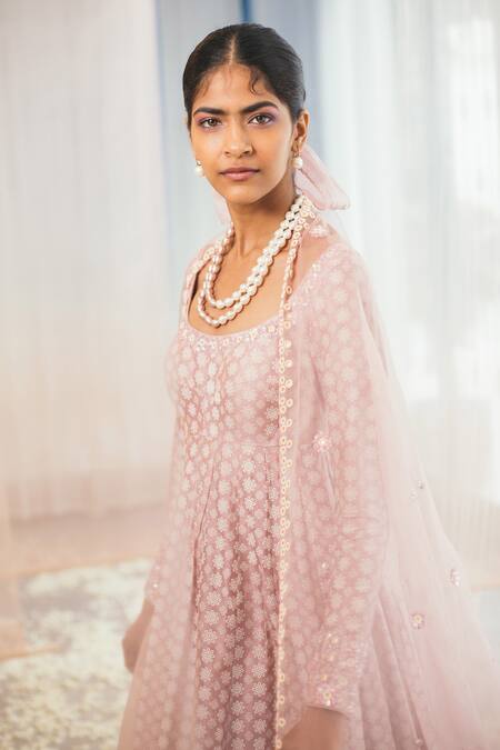 Shop Madzin Purple Silk Blend Lining Shantoon Scoop Neck Printed Anarkali Set Online at Aza Fashions Shop_Madzin_Purple Silk Blend Lining Shantoon Scoop Neck Printed Anarkali Set _Online_at_Aza_Fashions