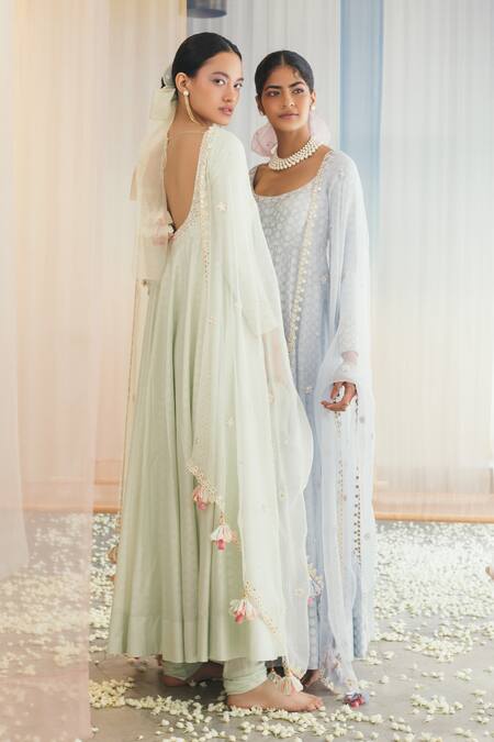 Madzin Green Silk Blend Lining Shantoon Scoop Neck Printed Anarkali Set Online at Aza Fashions Madzin_Green Silk Blend Lining Shantoon Scoop Neck Printed Anarkali Set _Online_at_Aza_Fashions